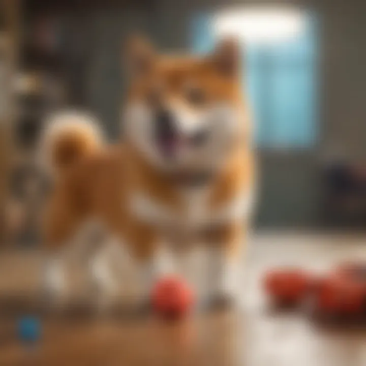 A Shiba Inu playing with toys