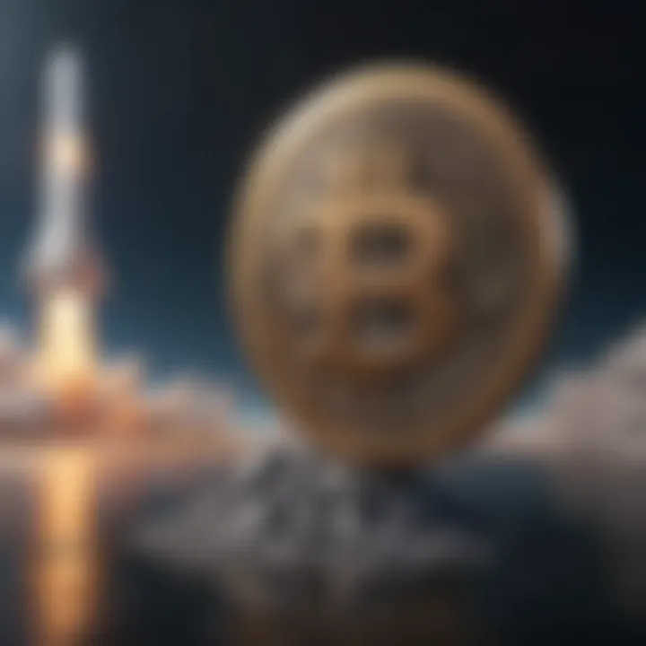 A futuristic rocket launch with digital currency symbols in the background.